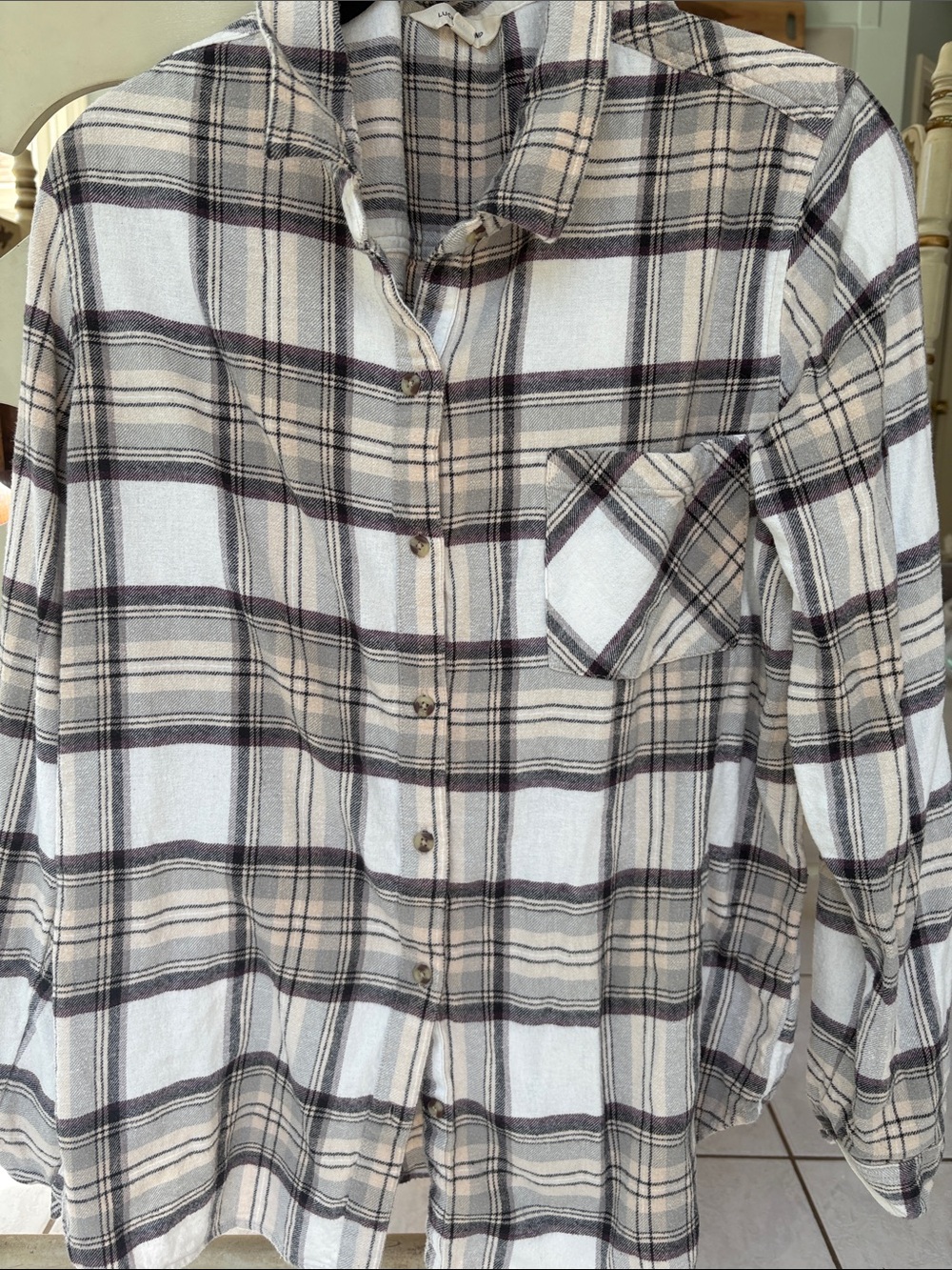 Lucky Brand Plaid Button‑Down Shirt in Cream and Brown